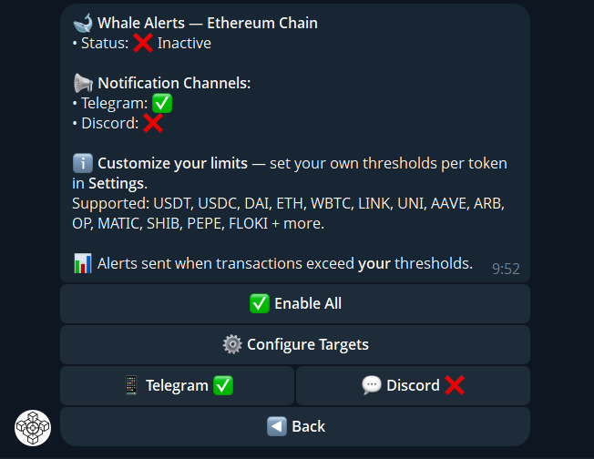 Whale Alert settings — set custom USD limits per token